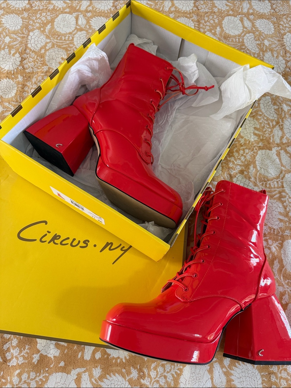 Circus Sam Edelman 11 “Karter” Red Orange Poppy Patent Lace-Up Platform Booties